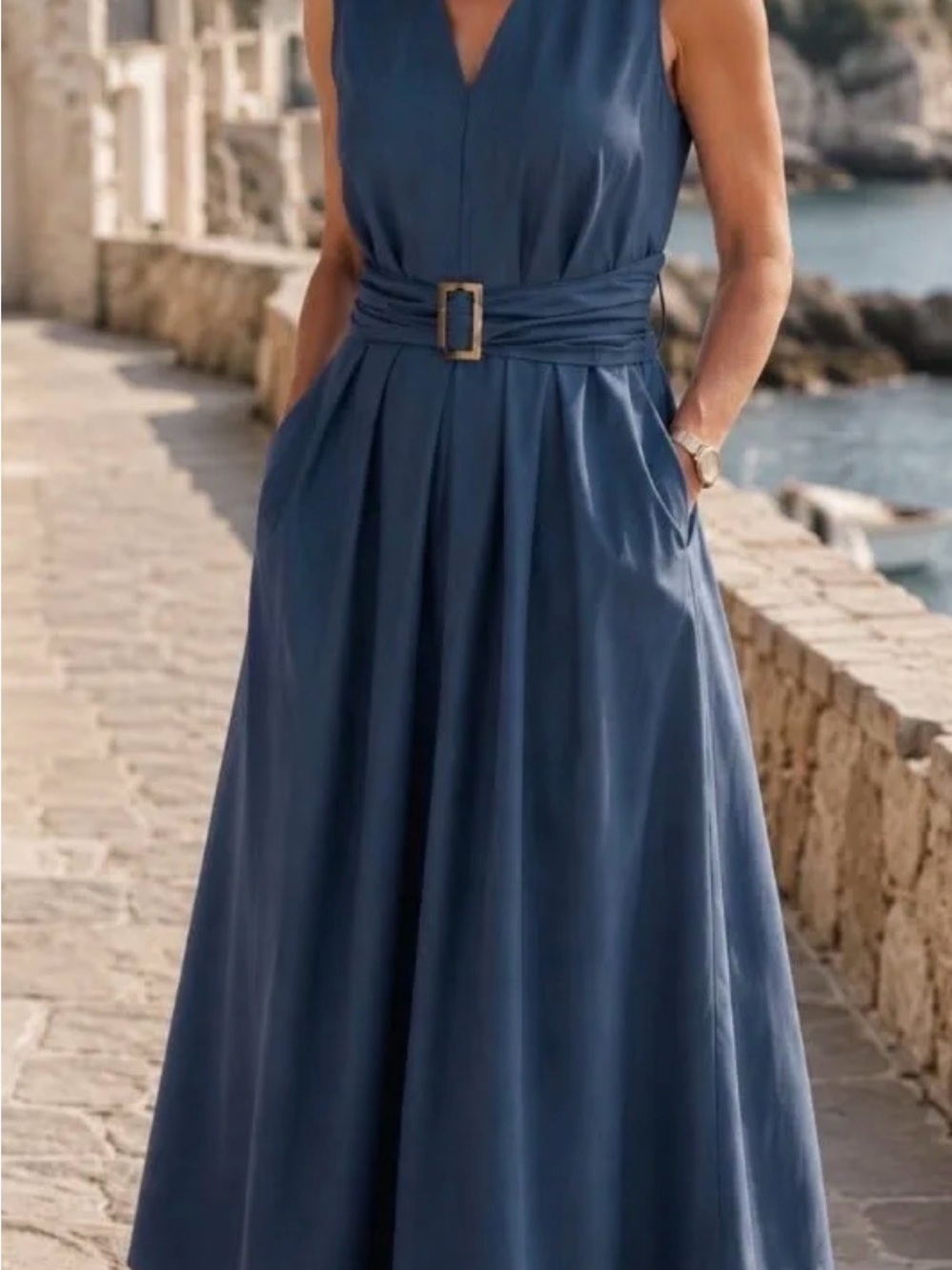 Halston Heritage Slate Blue Sleeveless V-Neck Maxi Dress with Buckle Waist